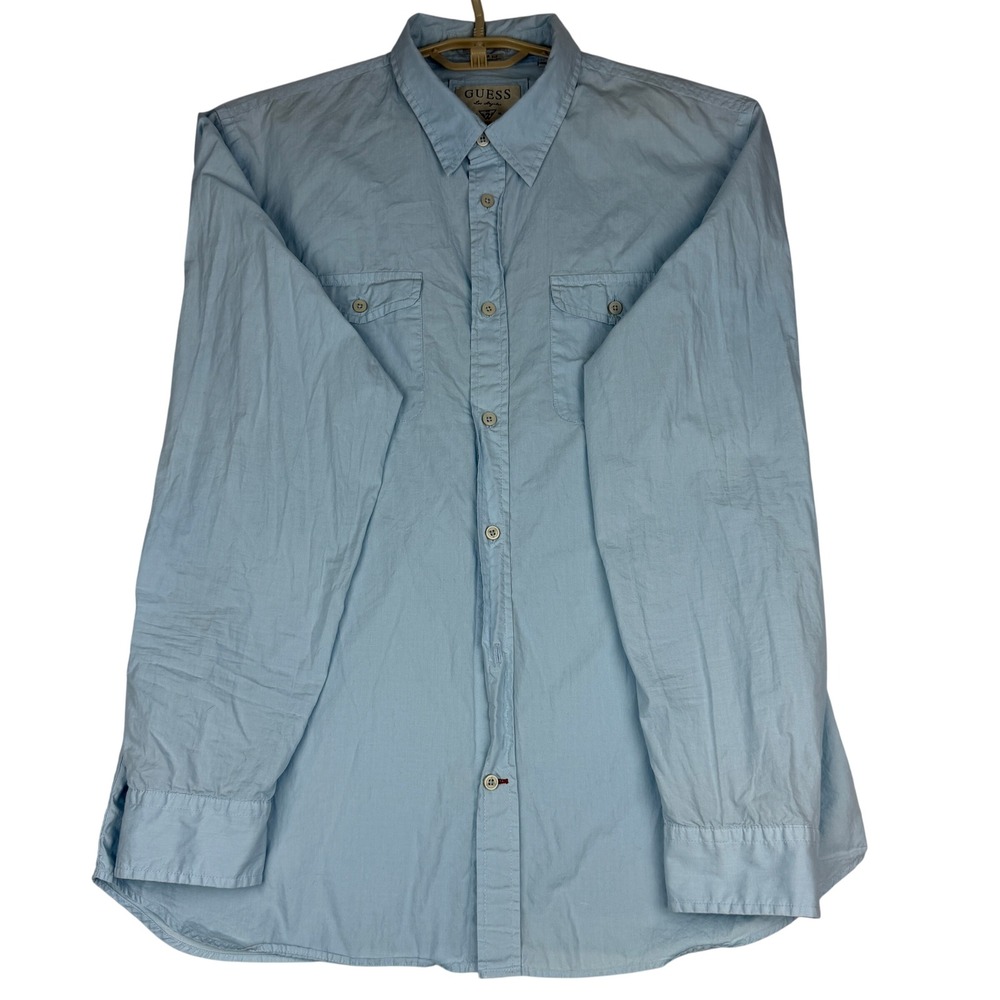 Guess Button Down Shirt Mens XL Light Blue Long Sleeve Cotton Dual Pocket